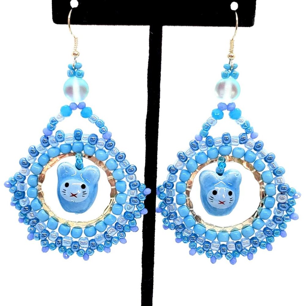 Whimsical Colorful Ceramic Blue Mouse Beaded Dangling Earrings: BOHO
